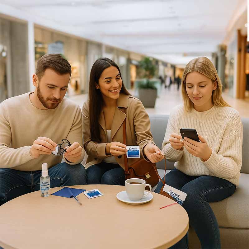 Three friends sitting in a shopping mall lounge area using Clareex wipes—one cleaning glasses, another wiping a smartphone, and a third offering a wipe from her handbag. A coffee cup and Clareex wipe packets are visible on the table