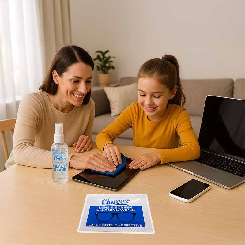 Parent and child cleaning a MacBook Pro and iPad with Clareex spray and cloth; Clareex wipes and iPhone placed on the table.