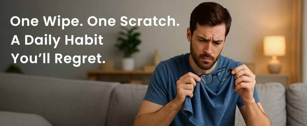 Man wiping eyeglasses with his t-shirt, looking frustrated, symbolizing the damage caused by improper lens cleaning habits