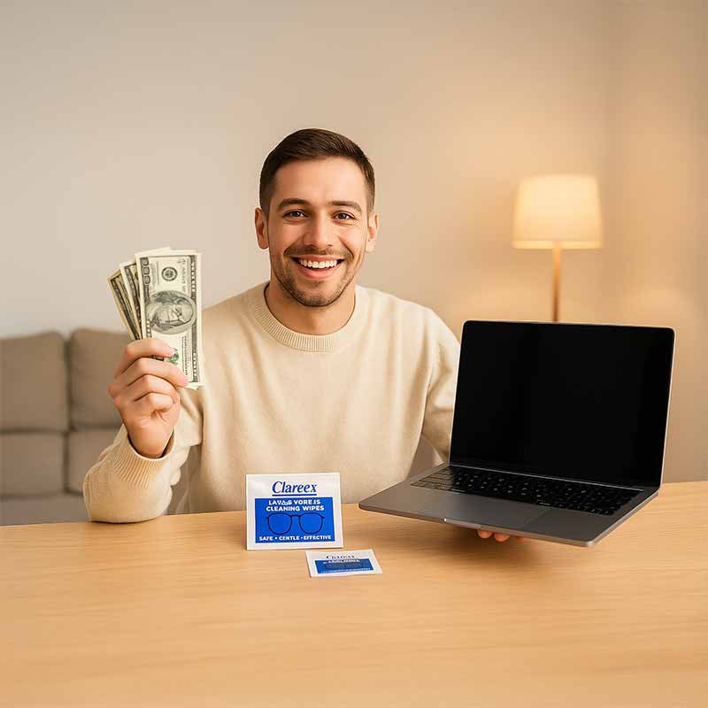 A digital photograph in a well-lit room showing a clean laptop, smartphone, and glasses neatly placed beside Clareex wipes, spray, and microfiber cloth — illustrating a simple 3-step routine for protecting electronics