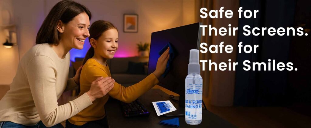 Mother and daughter smiling while cleaning a gaming monitor with a blue Clareex cloth, Clareex spray placed on desk beside phone and keyboard, in a warm family living room with soft ambient lights.
