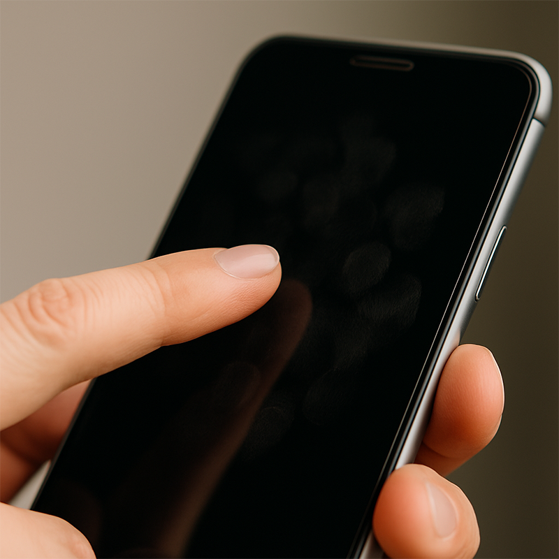 Close-up of a man’s finger smudging a phone screen, creating visible glare and distortion.