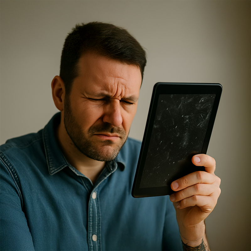 Man concentrating hard while using a laptop with a dirty screen, highlighting the mental effort caused by visual strain