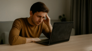 Frustrated man facing the dusty screen impact while working on his laptop, highlighting how grime affects clarity and concentration