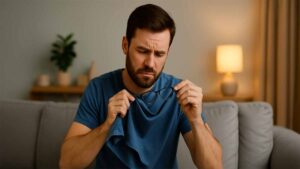 A frustrated man sitting in a living room, inspecting his glasses while wiping them with his shirt — illustrating common glasses cleaning mistakes.