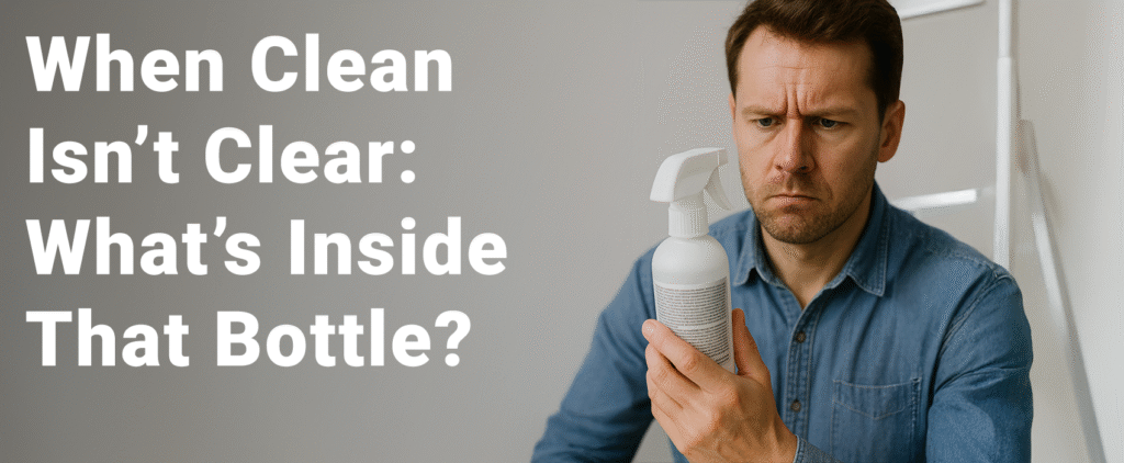 A concerned man in a denim shirt closely examining the label on a white spray bottle, symbolizing uncertainty about product ingredients.