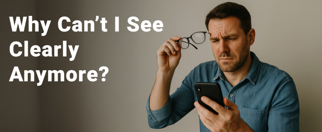 Caucasian man looking at smartphone with confusion, holding his glasses in one hand, expressing digital eye strain or visual discomfort.