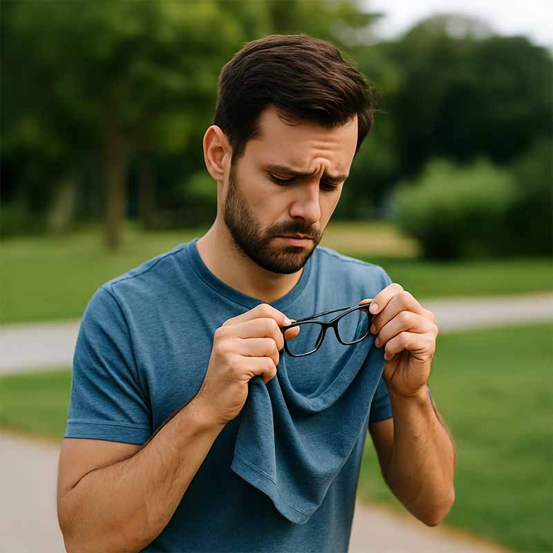 A man outdoors wiping his glasses with a t-shirt, unaware of the damage. The background shows a sunny park with greenery and benches