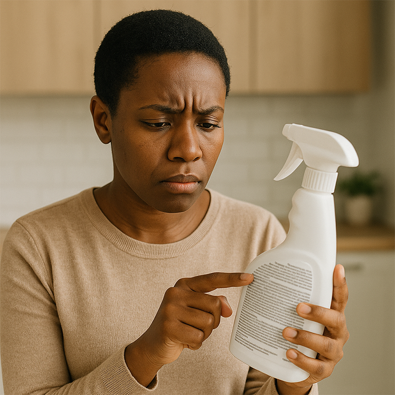 Confused person reading a complicated cleaning spray label in a home setting